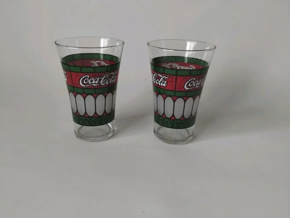 Vintage Collectible Coca Cola Glass Set of 2 Red Green White 5 and 1/2